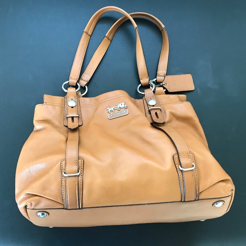 Tan leather Coach bag  14 " wide 10" tall